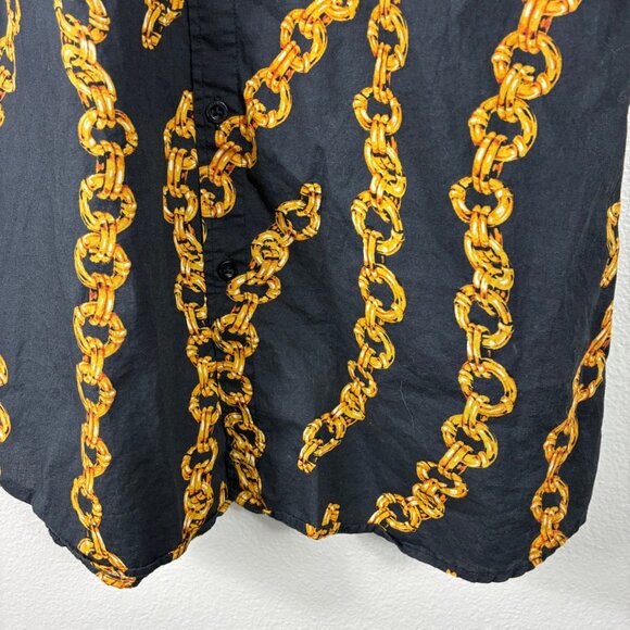 Father Sons Stretch Slim Fit Black Gold Chain Print Short Sleeve Shirt XXL Retro - Picture 2 of 6